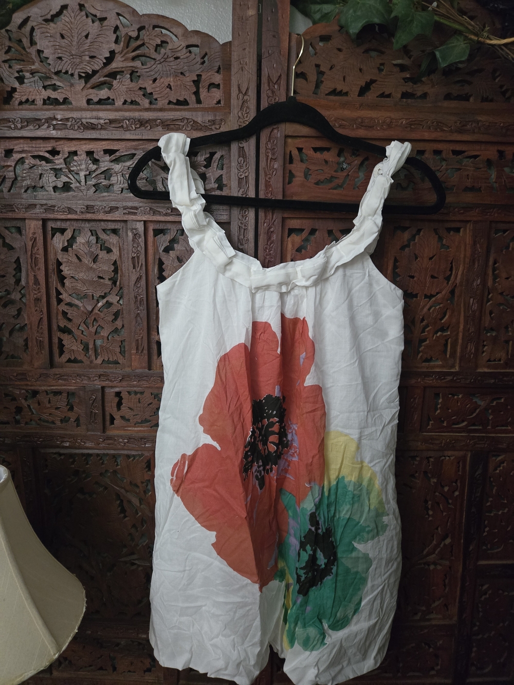 White Floral Sleeveless Sundress with Red and Green Blooms